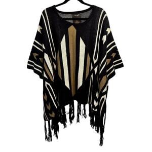 Boho Tribal Fringe Poncho Knit Southwest Festival Cape Hippie Western Ranchcored